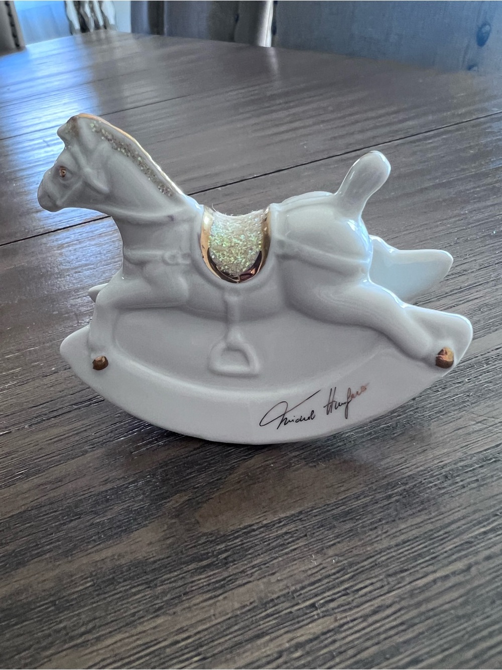 Vintage Miniature Porcelain Rocking Horse Figurine With Gold Glitter, Signed